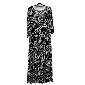 Ashley Stewart Long Maxi Dress Black White Abstract Print Stretch Size 26 / 28W‎